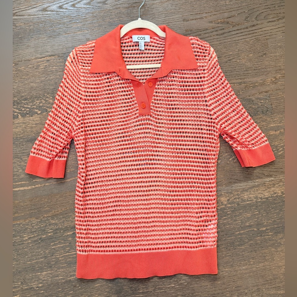 COS Open-Knit Striped Polo Shirt in orange
Size M